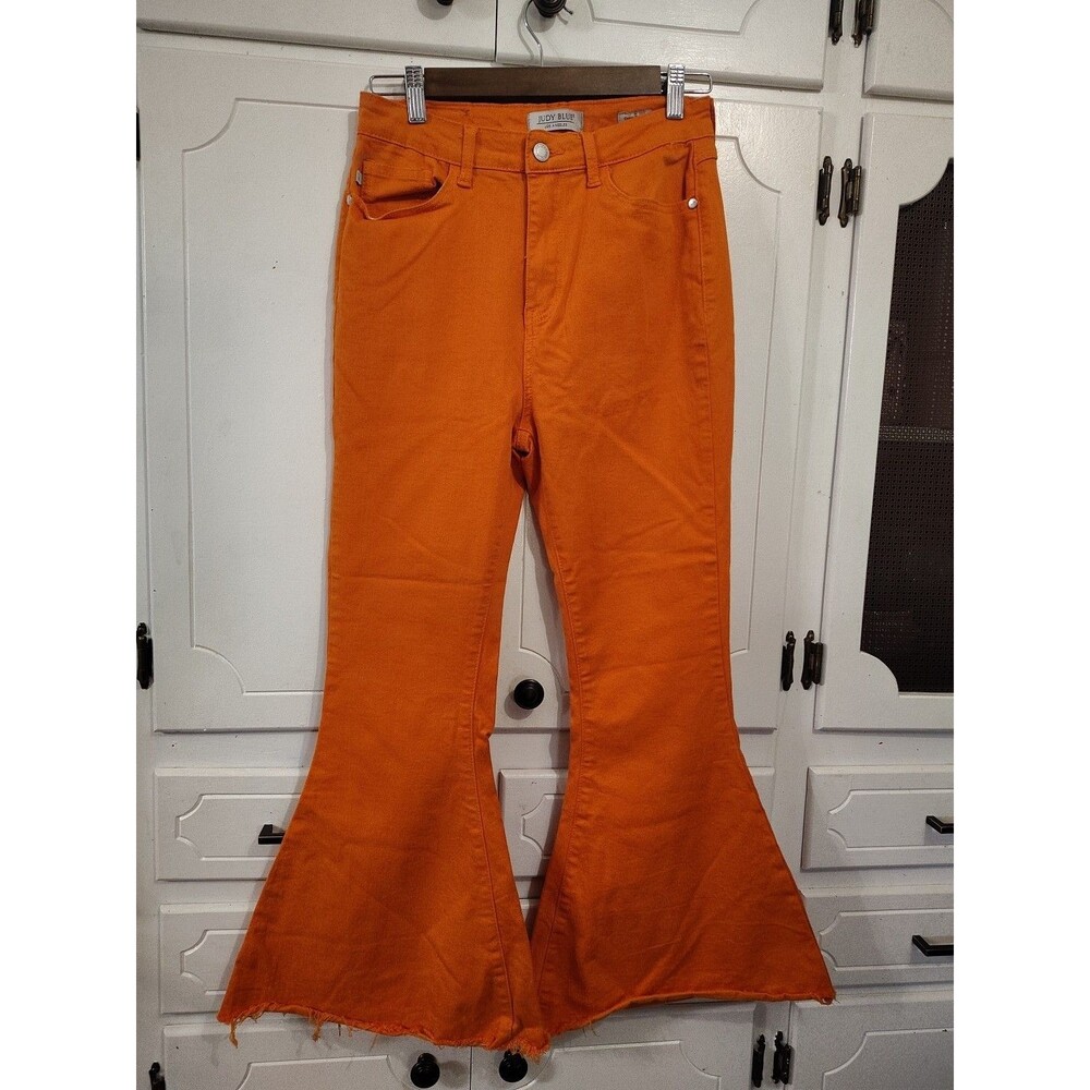 Judy Blue Womens Super Flare Jeans 9/29 Orange High Waist Raw Hem Hippie Y2k